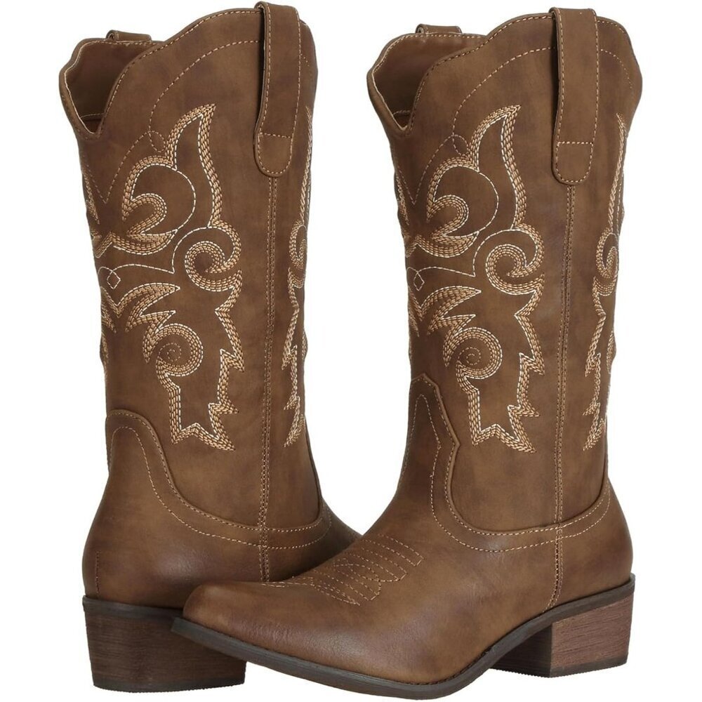 J's.o.l.e Women Brown Cowgirl Boots Cowboy Pointed Toe Wide Mid Calf